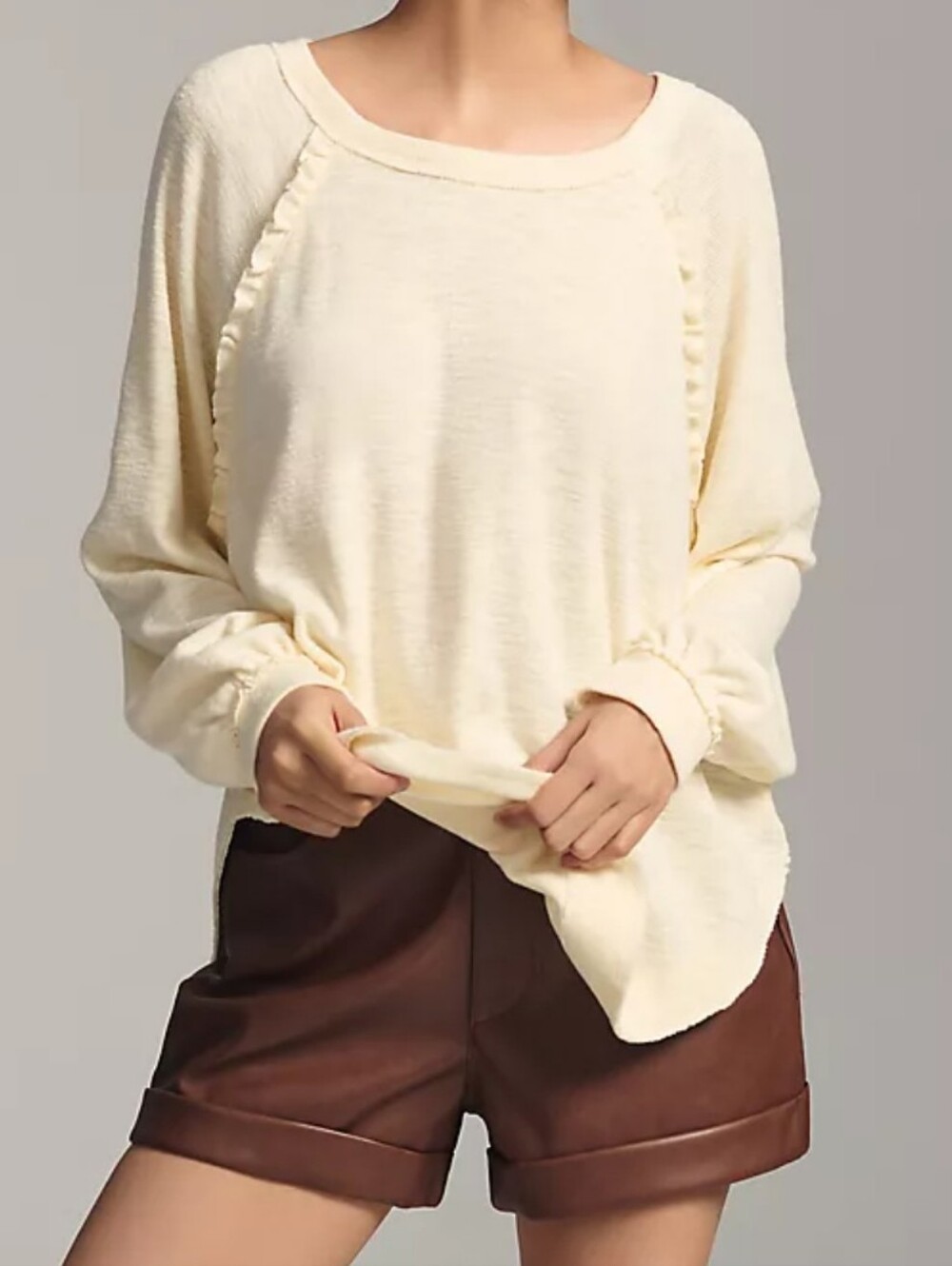 Anthropologie Pilcro Ruffled Raglan Thermal Top Antique Cream White Size Large